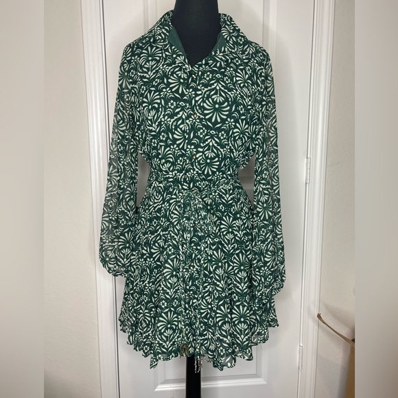 Zara Long Sleeve Belted Dark Green Floral Print Mini Dress - Picture 2 of 9
